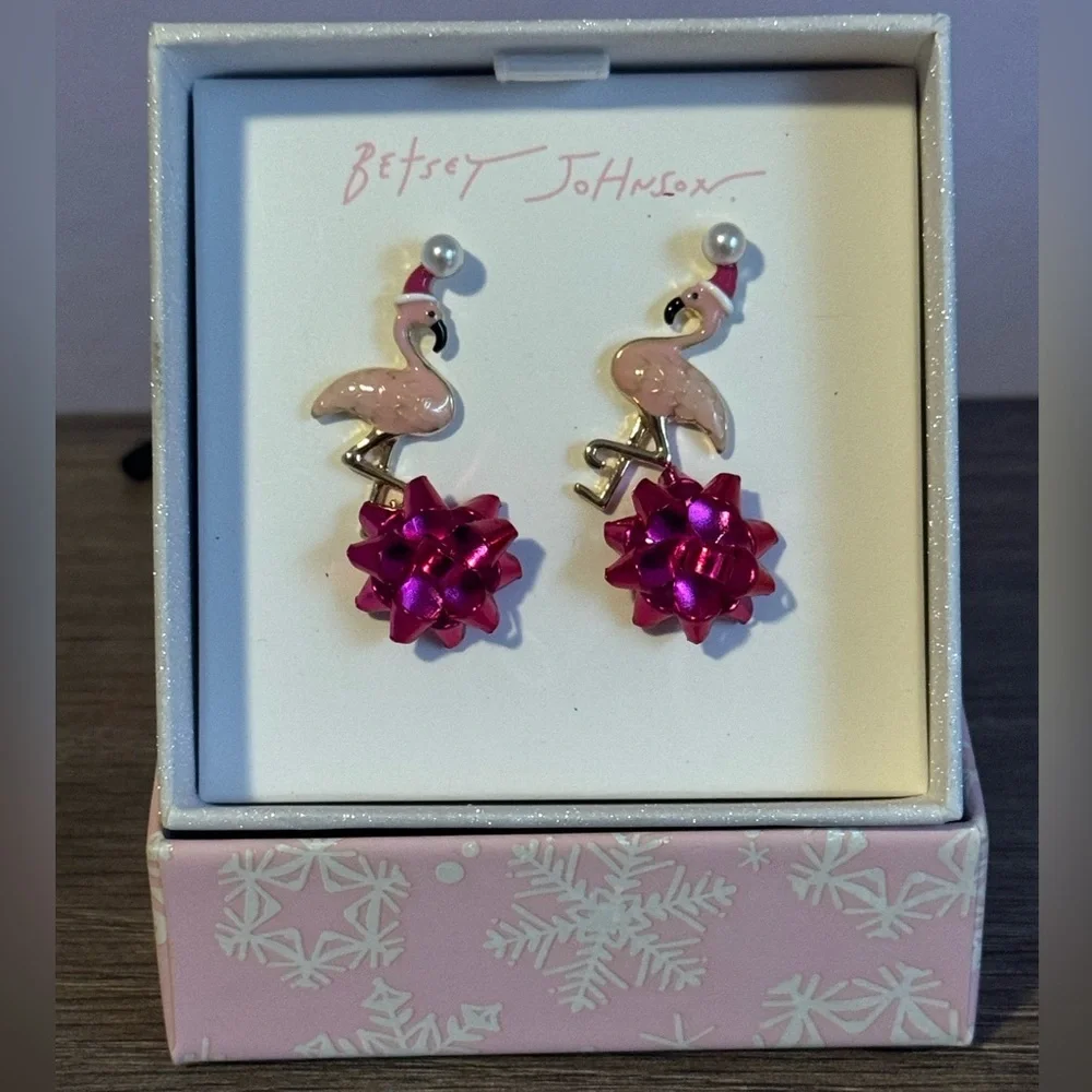 Betsey Johnson Christmas flamingo and bow earrings
